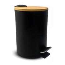 Lixeira Com Tampa de Bamboo Circular 5 Litros Com Pedal Balde Interno
