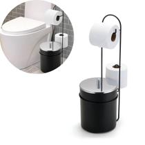 Lixeira Com Tampa Inox e Porta Papel Higiênico de Chão Aço Preto Fosco Linha Premium Arthi