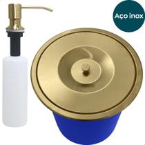 Lixeira De Embutir 5 Litros Inox Dourado Escovado E Dispenser Porta Detergente 350ml Kit Cozinha Cesto de Lixo E Dosador