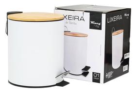 Lixeira de Inox Branca com Pedal e Tampa de Bambu