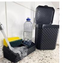 Lixeira de pia rattan preta 05 litros + porta detergente esponja e sabão rattan preto com base- c
