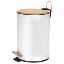 Lixeira Fluted Branca 12l Pedal Tampa Bambu Fechamento Suave