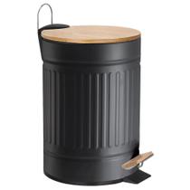 Lixeira Fluted Preta 12 Litros Preta Pedal Tampa Bambu