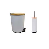 Lixeira Inox Branca Com Tampa de Bambu 3L + Escova Sanitária