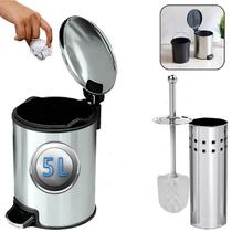 Lixeira Inox Com Alça Pedal 5 Litros + Escova Sanitária Inox Limpeza Vaso Privada Lixeira Inox Com Alça Pedal 5 Litros + Escova Sanitária Inox Limpeza Vaso Privada