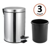 Lixeira Inox de Banheiro e Cozinha Compacta 3 Litros em Aço Inoxidável com Cesto Removível e Pedal - Topamix