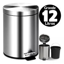 Lixeira Pedal Aço Inox Tampa 12l Grande Alça Balde Removível