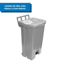 Lixeira Plástica 100 litros Quadrada Com Pedal e Rodas Cinza