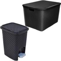 Lixeira Rattan Luxo Pedal 7L + Caixa Organizadora 40L Preta