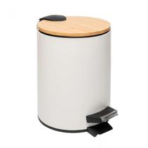 Lixeira redonda de metal com pedal e tampa em bambu branca 5l