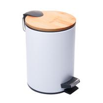 Lixeira redonda metal c/pedal e tampa bambu branca 5l - lyor