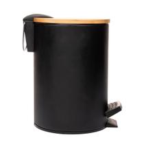 Lixeira redonda metal c/pedal e tampa bambu preta 3l - lyor