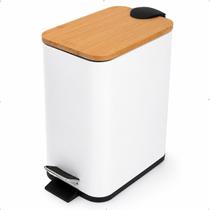 Lixeira Retangular 5 Litros Tampa Bambu Pedal Banheiro Cesto