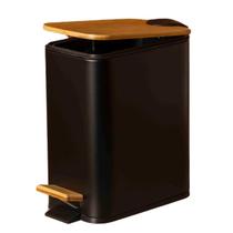 Lixeira Retangular 5L com Pedal e Tampa de Bambu Soft Preto Prática e Elegante Paramount