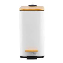 Lixeira Retangular Branca C/ Cesto Interno e Pedal e Tampa de Bambu 5 Litros