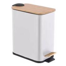 Lixeira Retangular c/ Pedal e Tampa de Bambu Branca 5L - Paramount