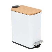 Lixeira retangular de metal c/pedal tampa em bambu branca 5l - Lyor