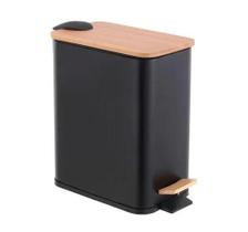 Lixeira retangular de metal c/pedal tampa em bambu preta 5l - Lyor