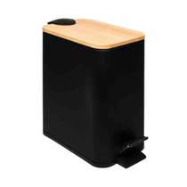 Lixeira retangular de metal com pedal e tampa em bambu preta 5l lyor