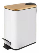 Lixeira Retangular Pedal 5L Branca Metal E Bambu Banheiro