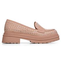 Loafer Feminino Nude Com Strass Solado Tratorado Mocassim