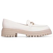 Loafer Feminino Off White Dourado Solado Tratorado Mocassim