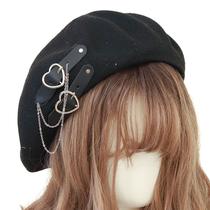 Lolita Girls Heart Buckle Beanie JK Hat Sweet Cool Hair Accessories Fashion Beret Respirável Estilo Lolita Hat - Preto