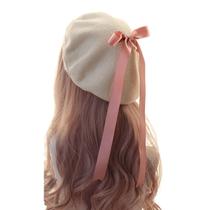 Lolita Hat French Beret Cap Girl Women Bow Painter Hat Classic Hand-made Lace Bow Hat Sweet Cute Female Hair Access - Korean pink bowknot bege hat