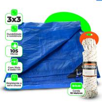 Lona 3x3 Impermeável Plástico Encerado Azul Toldos Multiuso Reforçada 105 Micras + Corda 10m