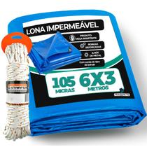 Lona Plástica 6x3 Cobertura Impermeável Polietileno Multiuso Reforçada 3x6 105 Micras + Corda 10m