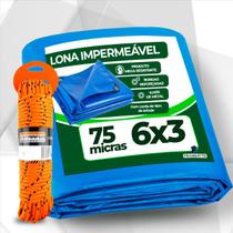 Lona Plastica Azul 3x6 Impermeável Caminhão Carreteiro Cobertura Piscina 75g 6x3 + Corda 10m