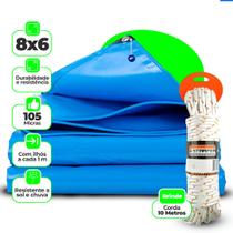 Lona Plástica Azul Cobertura Impermeável Azul 8x6 Metros 105 Micras Reforçada Piscina + 10m Corda