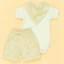 Look Completo Bebê Body, Shorts e Bandana de Estampas Divertidas Cor:FloresTamanho:3-6m