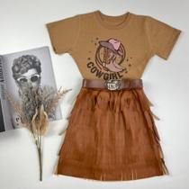 Look Meninas Modinha Country Cropped Algodão Estampado Saia material sintético Franja + Cinto Country Moda Kids