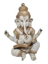 Lorde Ganesha Com Livro Deus Híndu Sabedoria Branco Em Resina