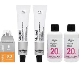 Loreal Kit Coloração Majirel 8 Louro Claro + 8.3 Louro Claro Dourado 50g + 2 Água Oxigenada 20v Loreal Kit Coloração Majirel 8 Louro Claro + 8.3 Louro Claro Dourado 50g + 2 Água Oxigenada 20v