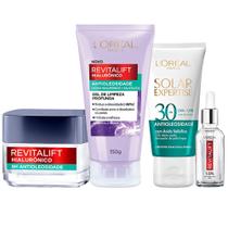 LOréal Paris Antioleosidade Kit Gel de Limpeza 150g + Gel Creme Preenchedor 50ml + Sérum Preenchedor Anti-Idade 15ml + Protetor Solar FPS30 40g