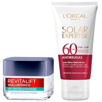 LOréal Paris Kit Protetor Solar Facial Solar Expertise Antirrugas FPS60 40g + Gel Creme Facial Antioleosidade Revitalift Hialurônico 50ml