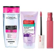 LOréal Paris + Maybelline Kit - Água Micelar Bifásica + Gel de Limpeza Antioleosidade + Batom Líquido Longa Duração Lover