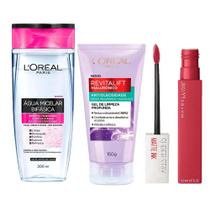 LOréal Paris + Maybelline Kit - Água Micelar Bifásica + Gel de Limpeza Antioleosidade + Batom Líquido Longa Duração Ruler