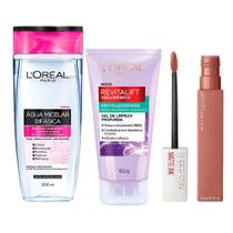 LOréal Paris + Maybelline Kit - Água Micelar Bifásica + Gel de Limpeza Antioleosidade + Batom Líquido Longa Duração Seductress