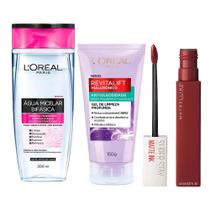 LOréal Paris + Maybelline Kit - Água Micelar Bifásica + Gel de Limpeza Antioleosidade + Batom Líquido Longa Duração Voyager