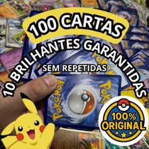 Lote 100 Cartas Pokémon Originais Sem Repetidas Com 10 Brilhantes Cartinhas Colecionáveis