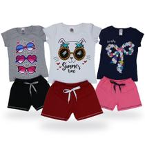 Lote 6 peças Roupa de Verão para Criança Conjunto Infantil Menina 3 Blusas + 3 Shorts