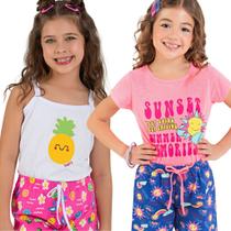 Lote Kit 2 Conjuntos Infantil de Verão Menina 4 Peças de Roupa Infantil Menina Feminina Verão