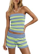 Lounge Set Panadila, blusa tubular listrada feminina com shorts Lounge Set Panadila, blusa tubular listrada feminina com shorts