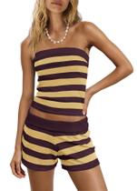 Lounge Set Panadila, blusa tubular listrada feminina com shorts Lounge Set Panadila, blusa tubular listrada feminina com shorts