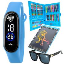 Lousa magica LCD + relogio digital + oculos + maleta escolar unicornio educativa lapis cor canetinha