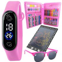 Lousa magica LED + maleta escolar + relogio digital + oculos educativa borracha rosa lapis cor regua