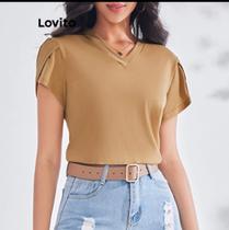Lovito Camiseta Básica Casual Com Babados Lisos Para Mulheres LBE03028 (Cáqui)